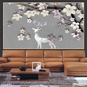 Tranh 3D hươu và chim thiên nga trang trí phòng khách