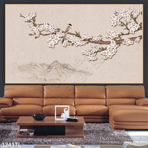 Tranh thư pháp hoa đào cim én đẹp