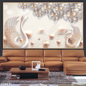 Tranh lụa 3d chim thiên nga và hoa trang trí tường đẹp