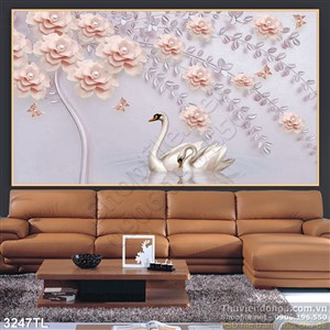 Tranh 3D hoa hồng và chim thiên nga