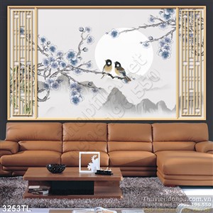 Tranh màu nước chim én và hoa đào