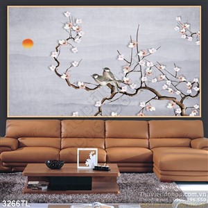 Tranh 3D hoa đào và chim sẻ trang trí phòng khách