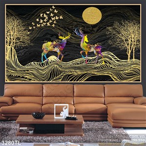 Tranh 3D hươu nai điêu khắc vàng đẹp nhất