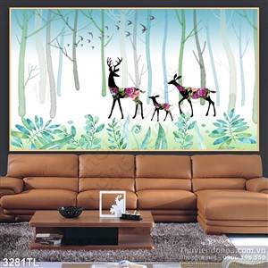 Tranh 3D hươu nai trong rừng dán tường đẹp
