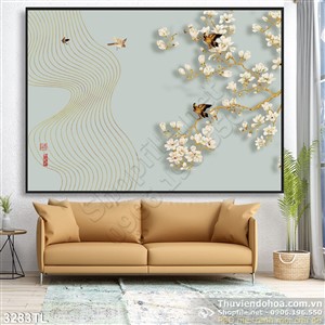 Tranh 3D hoa mai và chim Sẻ màu xuân