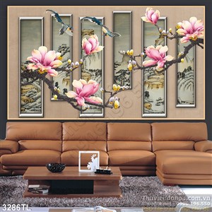 Tranh bình phong hoa Mộc lan trang trí phòng khách