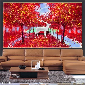 Tranh 3D rừng mùa thu và hươu