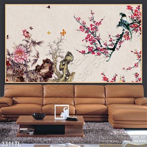 Tranh thư pháp hoa đào và hoa mẫu đơn đẹp