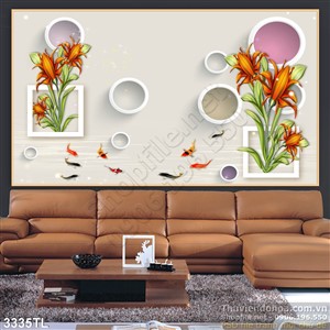 Tranh 3D cá chép và hoa trang trí tường đẹp