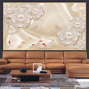 Tranh lụa 3D cá chép và hoa nghệ thuật