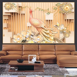 Tranh 3D chim công và hoa bằng vàng đẹp nhất