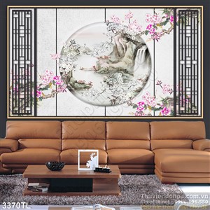 Tranh thư pháp thá nước và hoa đào đẹp nhất