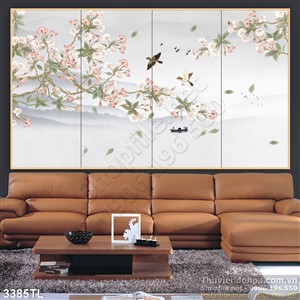 Tranh 3D hoa đào và chim én đẹp