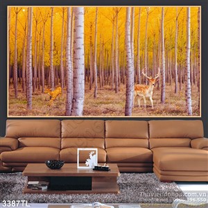 Tranh sơn dầu rừng cây và nai