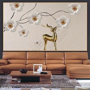Tranh 3D hoa Mai và hươu bằng vàng đẹp