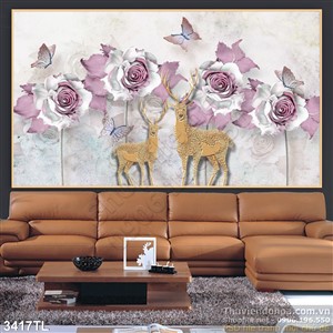 Tranh hoa hồng và hươu dán tường đẹp