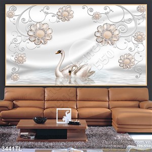 Tranh lụa 3D chim thiên nga và hoa đẹp