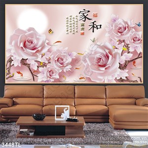 Tranh lụa 3D hoa hoa hồng thư pháp trang trí phòng khách
