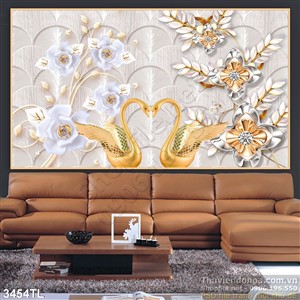 Tranh lụa hoa và chim thiên nga bằng vàng