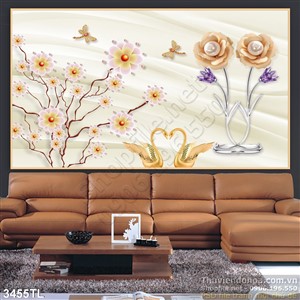 Tranh 3D chim thiên nga và hoa hồng đẹp
