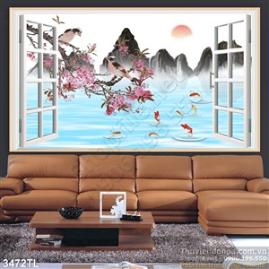 Tranh cửa sổ hoa đào và mùa xuân trang trí đẹp