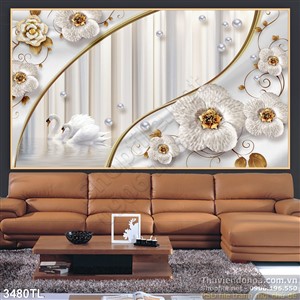 Tranh chim thiên nga và hoa mai trang trí phòng khách