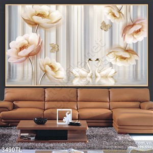 Tranh 3D hoa sen nghệ thuật và chim thiên nga