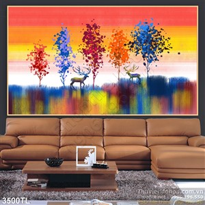 Tranh sơn dầu và  nai trong rừng