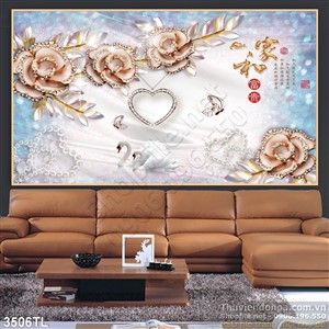 Tranh 3D hoa hồng kim cương và chim thiên nga