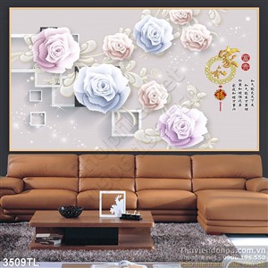 Tranh 3D hoa hồng thư pháp trang trí phòng ngủ
