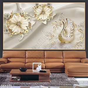 Tranh lụa 3D chim thiên nga và hoa trang trí phòng khách