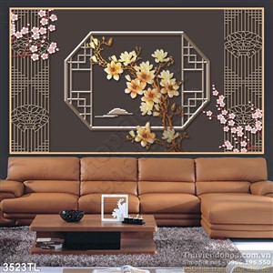 Tranh 3D hoa đào trang trí tường phòng khách