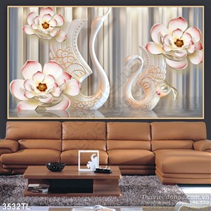 Tranh lụa 3d chim thiên nga và hoa trang trí đẹp