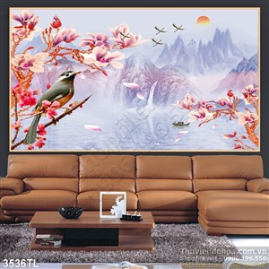 Tranh thác nước và hoa đẹp