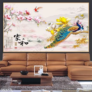 Tranh hoa và chim công thư pháp đẹp nhất