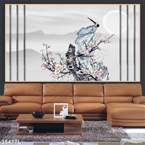 Tranh thư pháp hoa đào và chim én