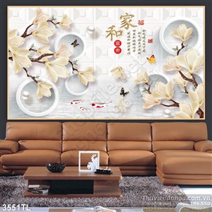 Tranh 3D hoa mộc lan thư pháp nghệ thuật