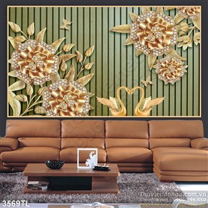 Tranh 3D hoatrang sức vàng và chim thiên nga