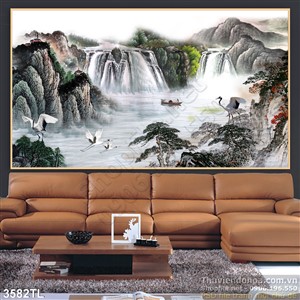 Tranh sơn dầu  thác nước phong thủy đẹp