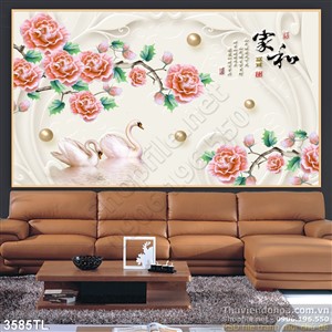 Tranh 3D thư pháp hoa hồng và thiên nga trang trí phòng khách