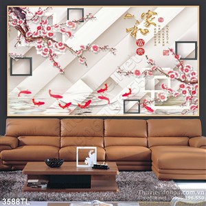 Tranh 3D thư pháp hoa đào và cá chép