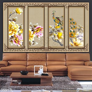 Tranh 3D hoa mẫu đơn và chim công