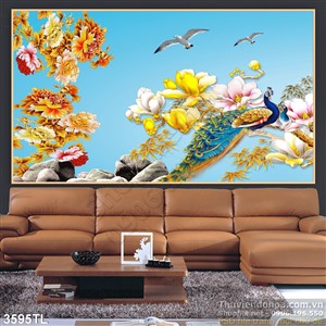 Tranh 3D hoa mẫu đơn và chim công