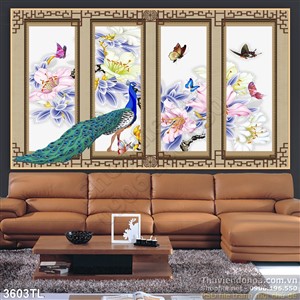 Tranh bộ chim công và hoa mẫu đơn treo tường phòng khách