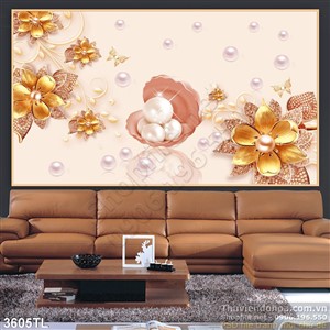 Tranh 3D hoa bằng vàng và ngọc trai trang trí phòng ngủ