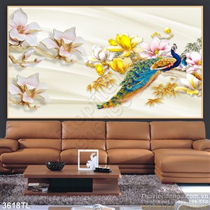 Tranh lụa chim công và hoa điêu khắc đẹp