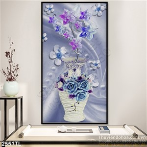 Tranh lụa 3D bình hoa điêu khắc trang trí phòng khách đẹp