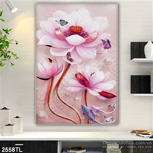 Tranhlụa 3D hoa sen và cá trang trí đẹp