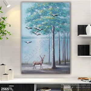 Tranh sơn dầu hươu và cây trang trí phòng