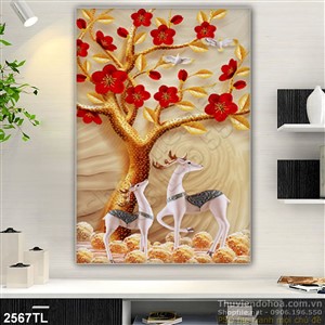 Tranh điêu khắc hươu và hoa đào treo tường đẹp nhất